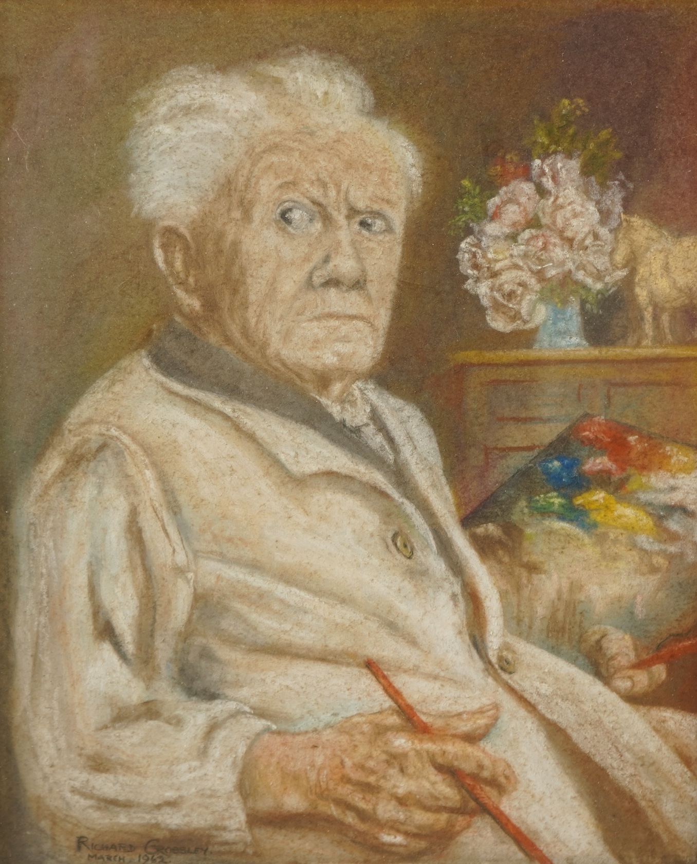 Richard Crossley (20th. C), Portrait of Arthur Spooner, ‘Remember that', signed and dated March 1962, Museum and Art Gallery of Nottingham inscribed label verso, pastel, together with photograph of the sitter at work, 30
